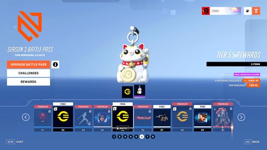 Overwatch 2 Season 3 Battle Pass – Screenshot showing tier rewards, with the Overwatch Credits logo in gold instead of the usual white