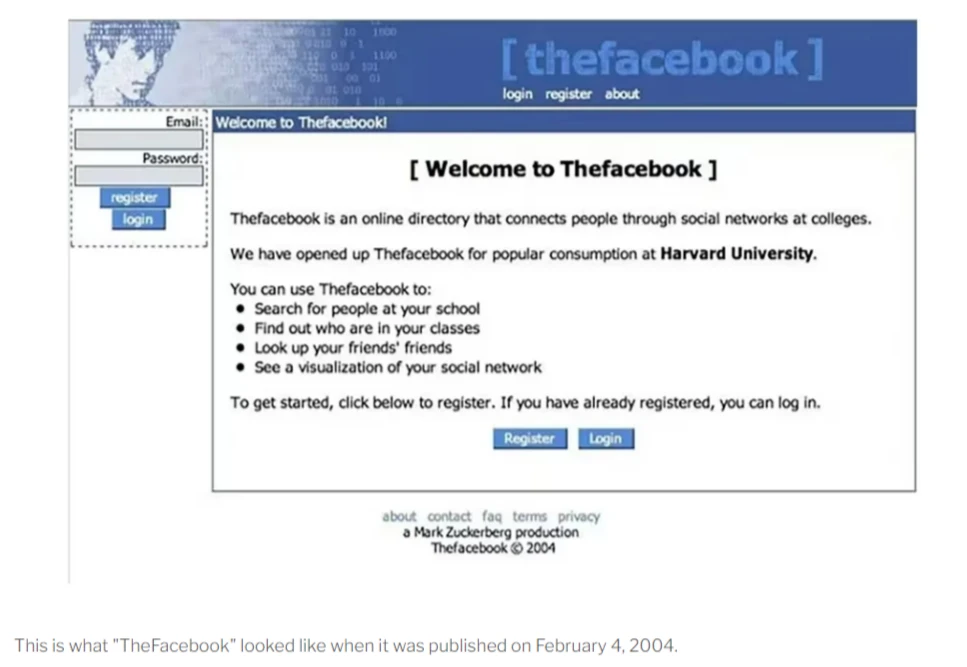 This is what "TheFacebook" looked like when it was published on February 4, 2004.