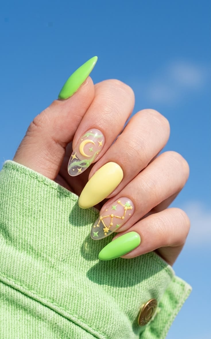 Aesthetic Lime Butter Yellow Nails 🌿 Cute Celestial Spring 2026 Mani with Moon Star Accents
