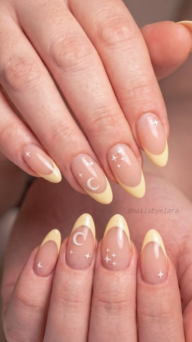 Butter Yellow Celestial Almond Nails Dipped in Stardust and Soft Dreams 💛🌌