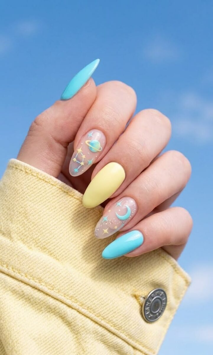 Cosmic Aqua Blue Butter Yellow Nails ✨🌌 Spring 2026 Pastel Celestial Trends