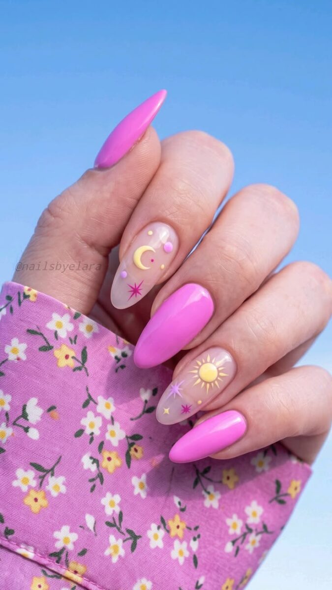 Cosmic Sun Moon Magic ✨ Clean Girl Meets Minimalist Celestial Almond Nails Ideas