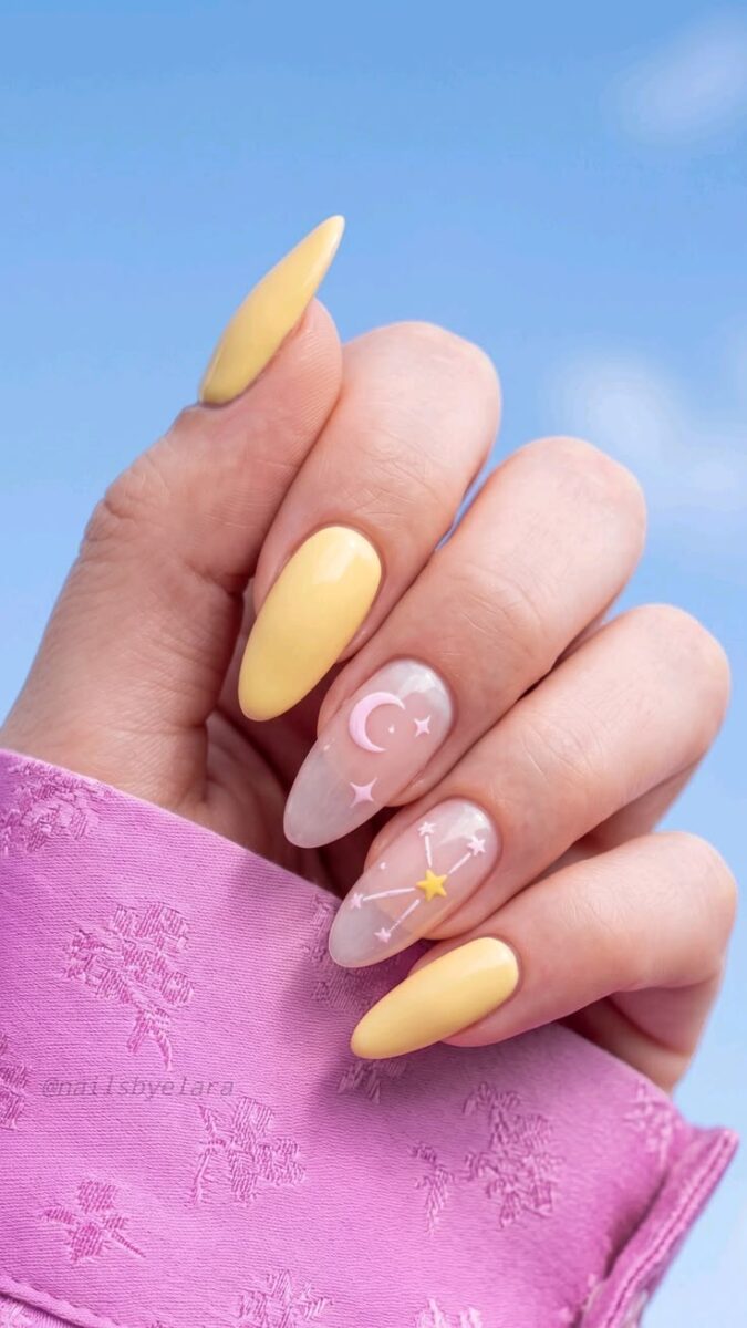 Soft Butter Yellow Magic ✨ Simple Pastel Celestial Crescent Moon Almond Nails Inspo 2026