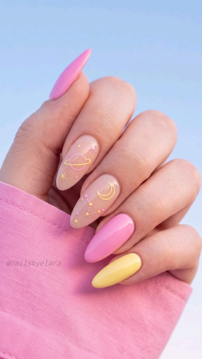 Soft Pastel Galaxy ✨ Butter Yellow Pink Celestial Almond Nails Ideas 2026