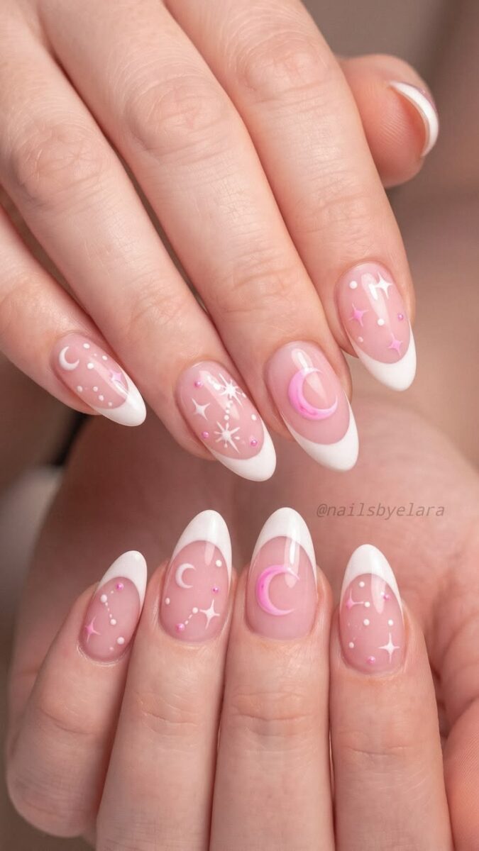 Sweetest Celestial Almond Nails That Look Like Strawberry Milk 🩷💅🏻 almondnails celestialnails